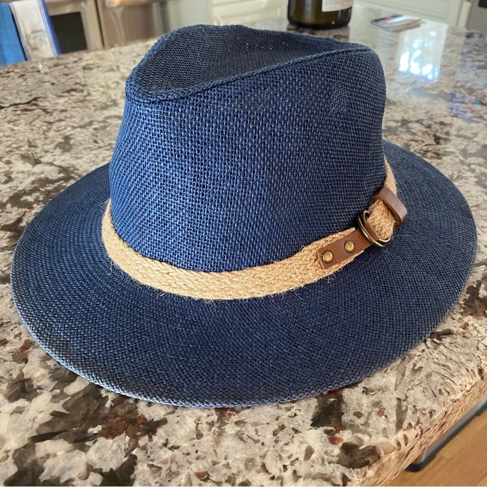 Navy Straw Fedora with Natural Rope Trim